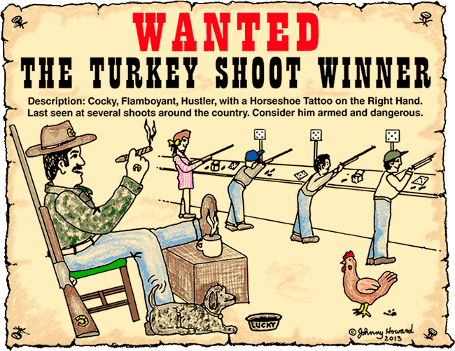 Illustration: Smiling turkey shoot winner, leaning back relaxed with  one foot up, watching the next round