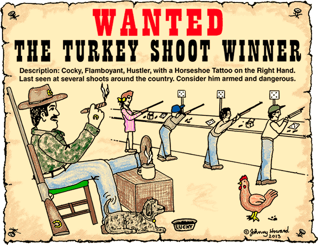 Illustration: Smiling turkey shoot winner, leaning back relaxed with one foot up, watching the next round